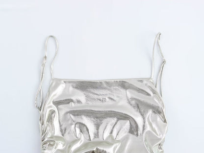 Women Clothing Metal Foil Pleated Slim Strap Dress