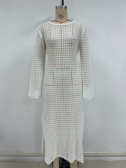 Spring Summer Vacation Beach Blouse Sexy Knitted Hollow Out Cutout out Maxi Dress Beach Cover Up Dress