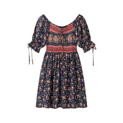 Women Clothing Autumn Green Positioning Rayon Printed Elastic Dress Women