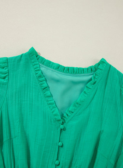 Solid Frilly V-Neck Puff Sleeve Mini Dress