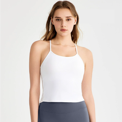 Spring Summer Cool Feeling Spaghetti Strap Yoga Vest Women Beauty Back Dovetail Split Sling Fixed Cup Breathable Workout Clothes Top
