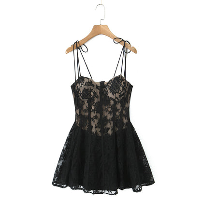 Spring Summer Women Clothing Sexy Sexy Lace Patchwork Waist Slimming Sling Dress