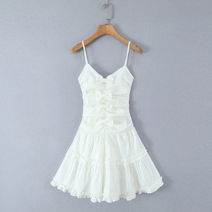 Sweet White Bow Layered Slim Mini Dress Women Summer Sexy Suspenders Puff Short Dress