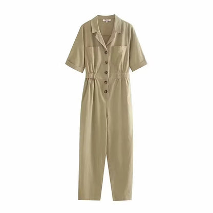 Spring Women Short Sleeve Solid Color Linen One Piece Trousers