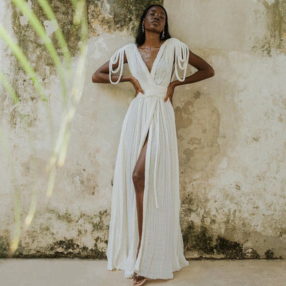 Spring Women Rope Strapless Sexy Halter Loose Vacation Beach Dress Women