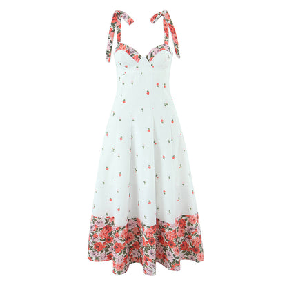 Elegant Sweet Dress Women Summer Printed Lace up Waist Tight Design Cami Dress