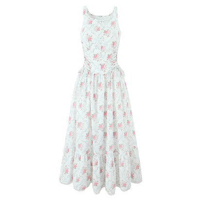 Summer Cream Rose Printed Lace up Mid Length Sling Dress