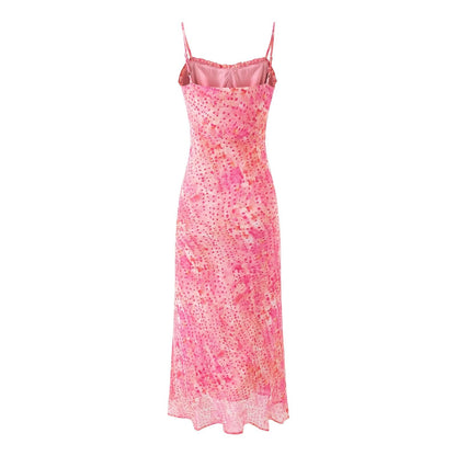 Sweet Elegant Floral Bow Suspenders Dress Women Spring Summer Slim Fit Slim Fit Mid Length Dress
