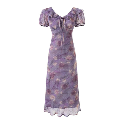 Lace up Light Purple Ruffled Maxi Dress Women Summer Tight Waist Slim Fit Dress