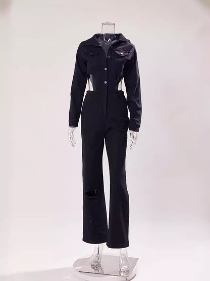 Sexy Shein Jumpsuit Casual Elastic Hollow Out Cutout out Denim Jumpsuit