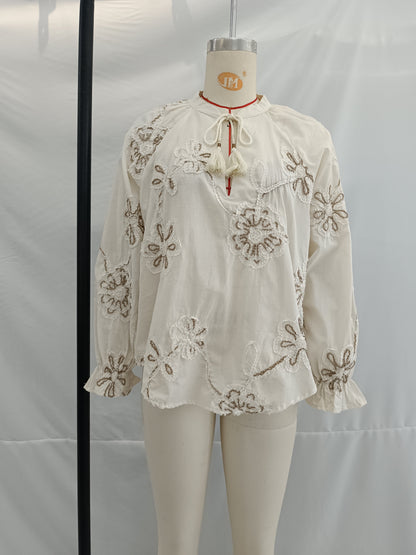 Women Clothing Spring Sweet Floral Embroidered Mini Shirt