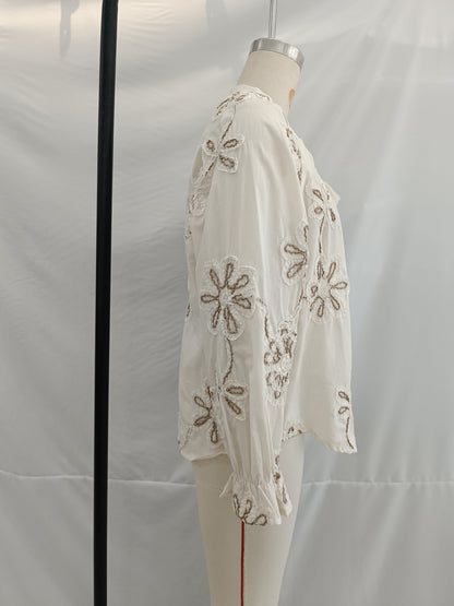 Women Clothing Spring Sweet Floral Embroidered Mini Shirt