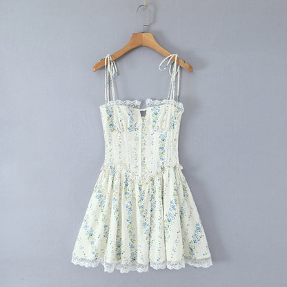 Women Clothing Sexy Sexy Lace Stitching Printing Waist Tight Dress
