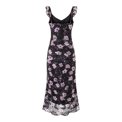 Vacation Ruffled V neck Lace up Printed Fishtail Suspender Skirt Waisted Slim Fit Package Hip Maxi Dress