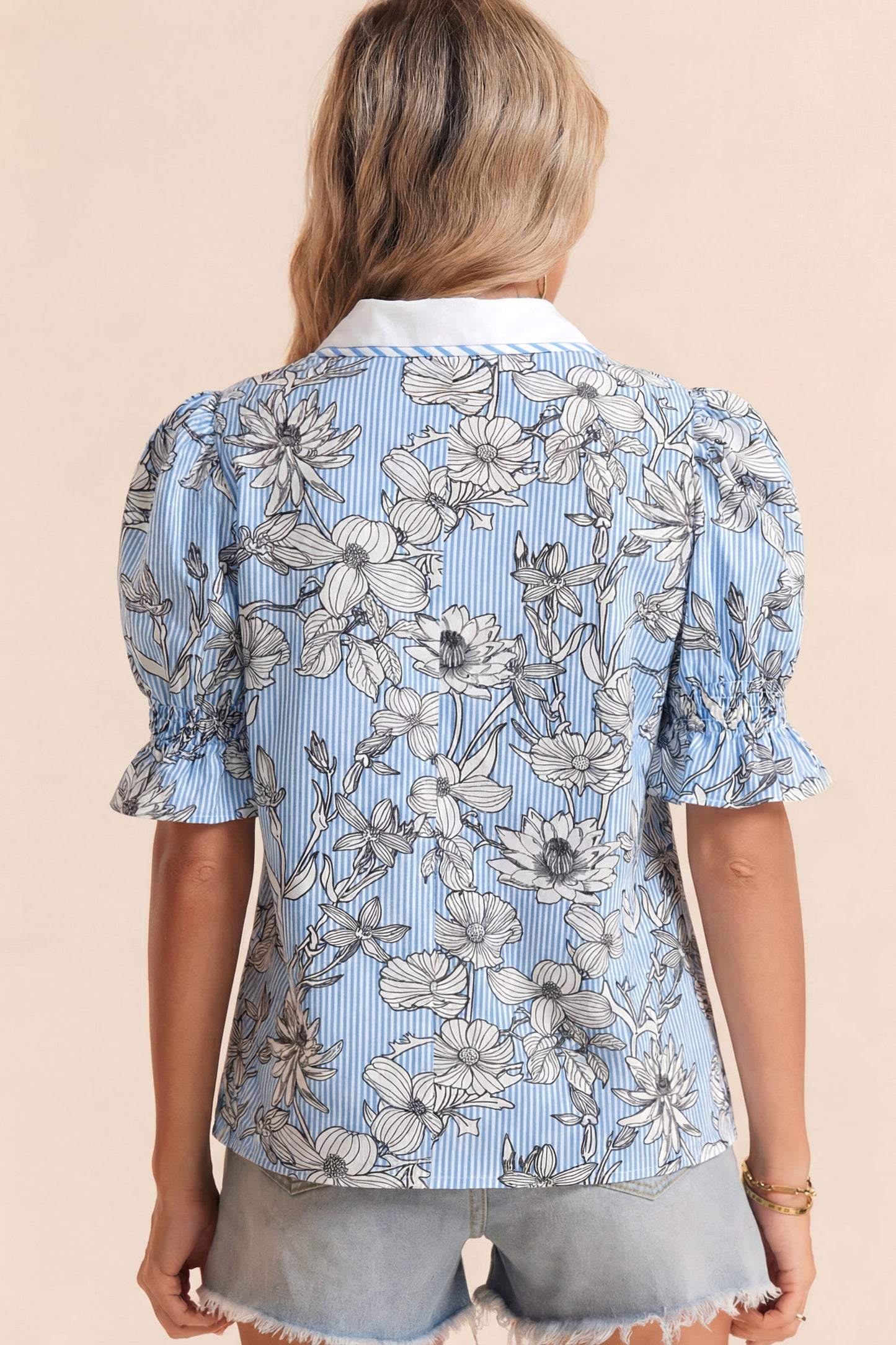 Floral Stripe Polo Collar Short Sleeve Blouse