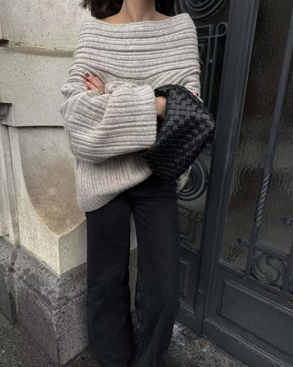 Trendy Casual All Matching Lazy off Shoulder Shoulder Knitwear Sweater Women