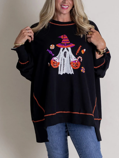 Autumn Winter Women Halloween Ghost Sequined Sweater Embroidered Casual Top for Women