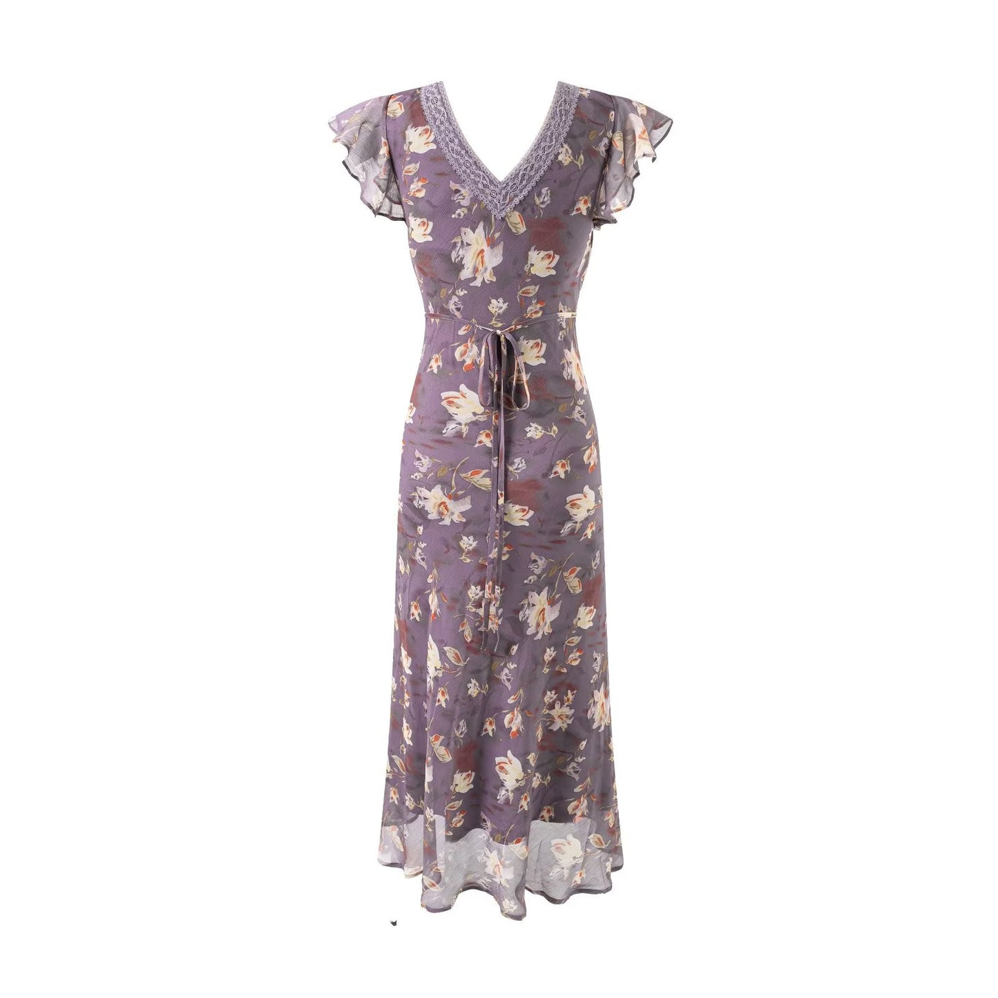 Summer Elegant Romantic Flying Sleeve Lace V neck Patchwork Long Floral Slim Fitting Dress