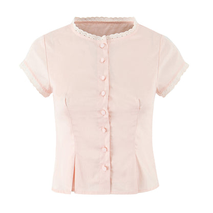 Women Lace Flying Sleeve Top Stitching High Waist Elastic Waist Skirt Sets