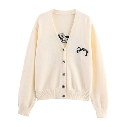 Autumn Women Casual All Match Loose Bow Ribbon Jacquard Sweater