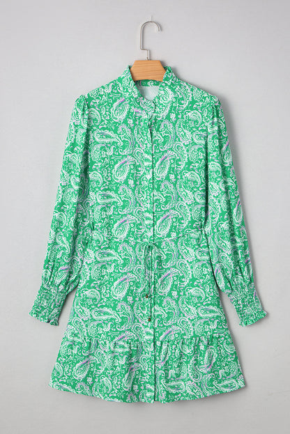 Paisley Button-Front Tied Waist Mini Dress