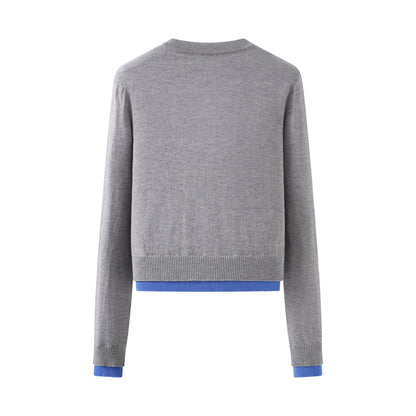 Autumn Placket Color Contrast Patchwork round Neck Long Sleeve Knitted Coat