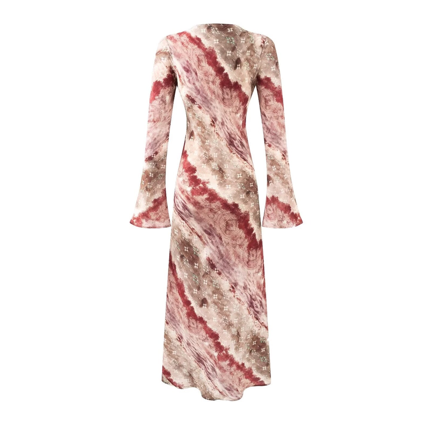 Vintage Printed Chic Flared Long Sleeve Vacation Dress round Neck Maxi Dress