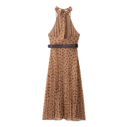 Dress Polka Dot Belt Midi Skirt Elegant Women Clothing