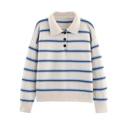 Fall Women Clothing Half Cardigan Button Pullover Polo Collar Stripes Knitted Sweater Top