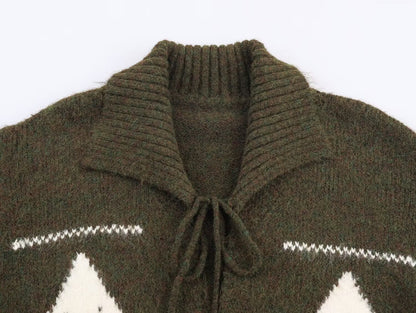 Idle Retro Lapels Jacquard Lace up Knitted Cardigan Autumn Loose Slimming Sweater Coat for Women