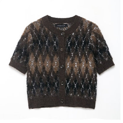 Women Clothing Autumn Beautiful Diamond Pattern Short Sleeve Knitted Coat