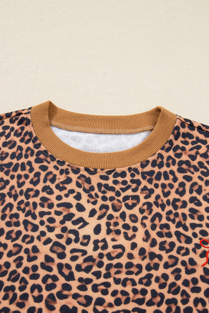 Leopard Bow Embroidered Pullover and Pants Set