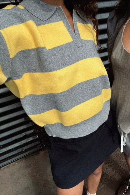 Contrast Color Striped Loose Slimming Shirt Collar Sweater Pullover Sweater