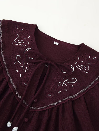Women Long Sleeve Casual Beaded Embroidered Shirt