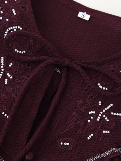 Women Long Sleeve Casual Beaded Embroidered Shirt