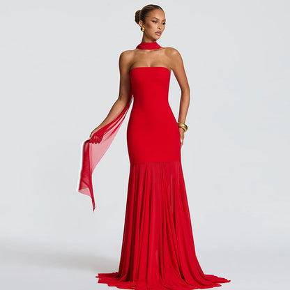 Women Clothing Autumn Winter Sexy Mesh Stitching Tube Top Evening Maxi Dress Women