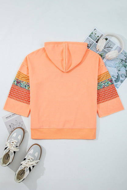 Plaid Floral Patchwork Kangaroo Pocket Hooded Top