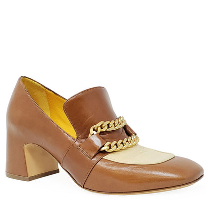 Tan & Cream Leather Mid Heel Loafer W/Chain