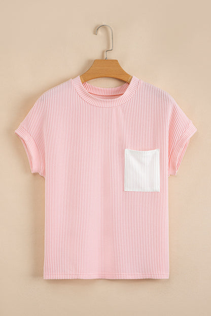 Colorblock Corded Knit Pocketed Crew Neck T-Shirt