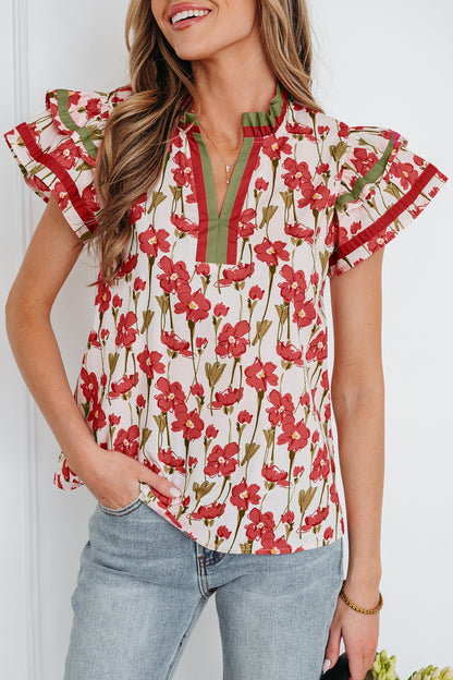 Floral Contrast Trim V-Neck Ruffle Short Sleeve Blouse
