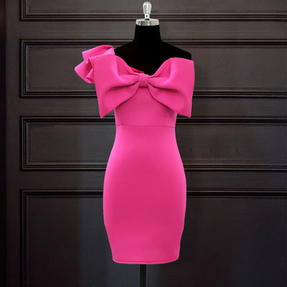 3D Bowknot Sexy One Shoulder Ruffled Bow Slim High Waist Evening Dress Women