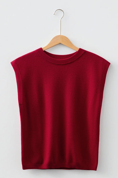 Racing Red Solid Color Crew Neck Knit Cap Sleeve Sweater