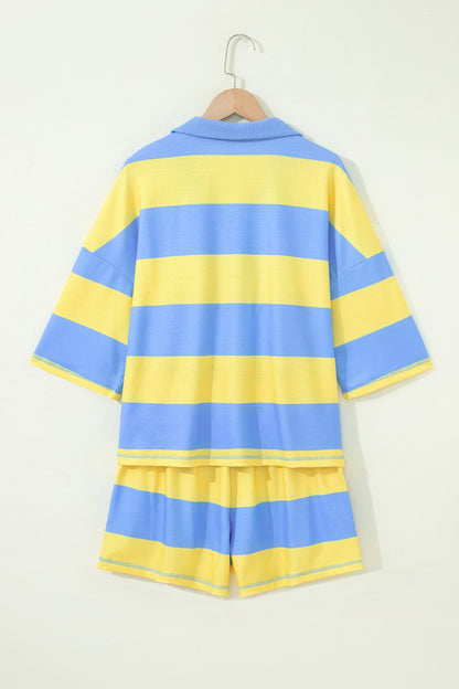 Stripe Half Zip Tee & Elastic Shorts Set