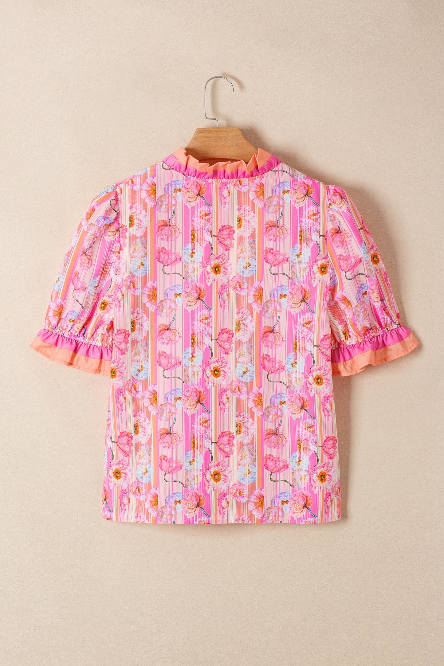 Floral Poppy Stripe Colorblock V-Neck Short Sleeve Blouse