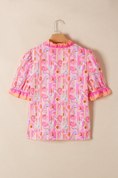 Floral Poppy Stripe Colorblock V-Neck Short Sleeve Blouse