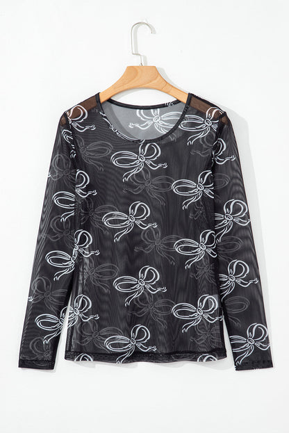 Bow Tie Mesh Long Sleeve Top