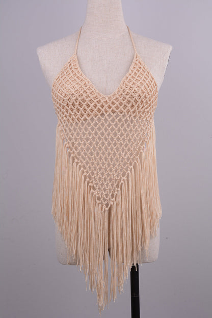Internet Hand Woven Beach Hollow Out Cutout Tassel Split Swimsuit Set Factory Direct