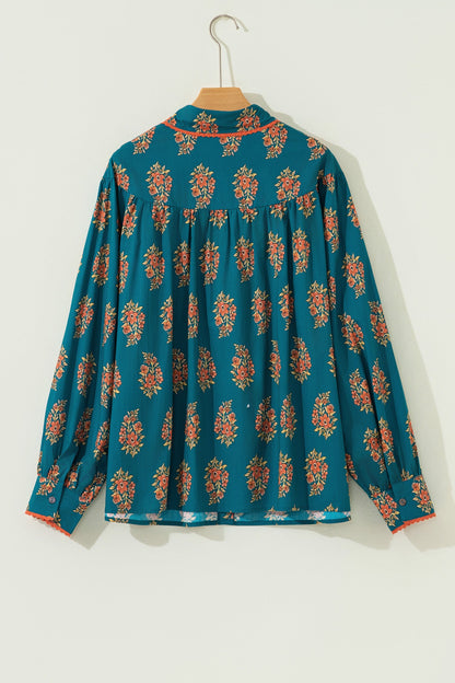 Plus Size Floral Lace Trim Pleated Buttoned Shirt