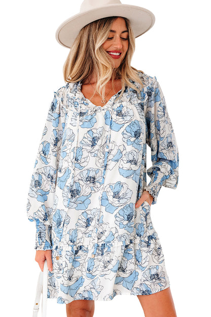 Floral Ruffle Tie Neck Mini Dress