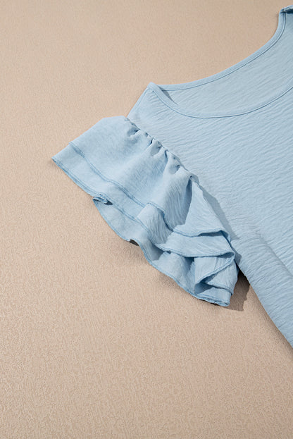 Solid Ruffle Short Sleeve Blouse